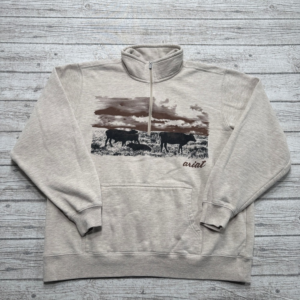 Ariat Real Sweatshirt Women's XL Oatmeal Fleece Lined Quarter Zip Pullover Comfy